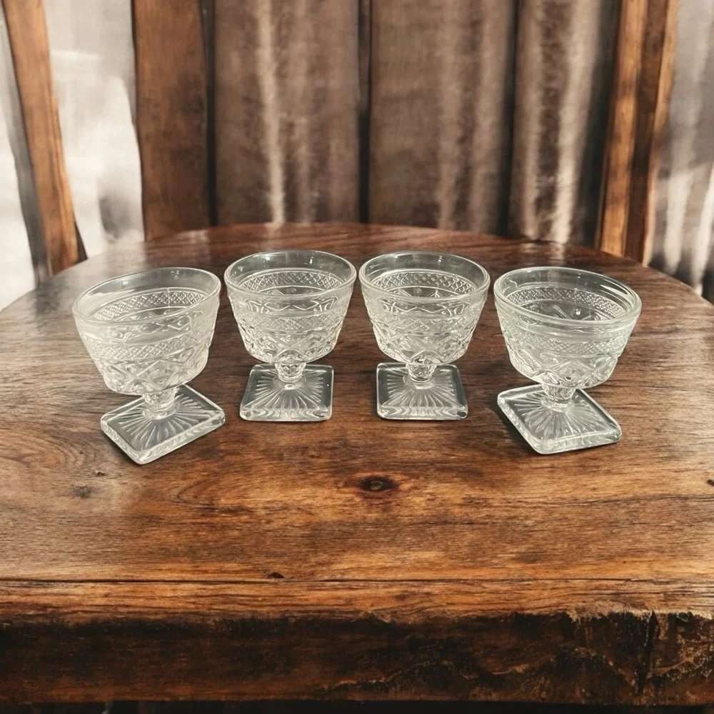Imperial Glass Cape Cod Clear Footed Sherbet Bowls Set of 4 Square Base Dessert